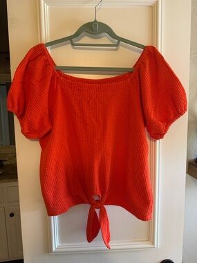 LOFT Orange Textured Puff-Sleeve Tie-Front Top